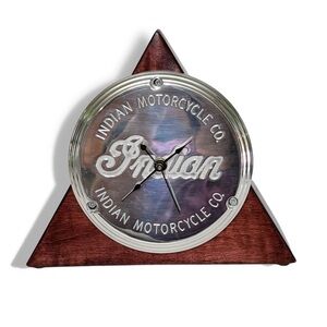 Rare Vintage Indian Motorcycle Co. Chrome & Wood Desk Clock